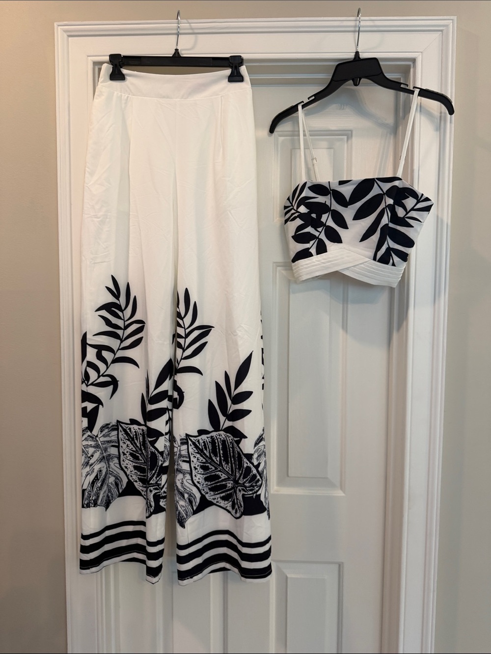 Women’s Wide Leg Pants - White with Black Leaf Print
